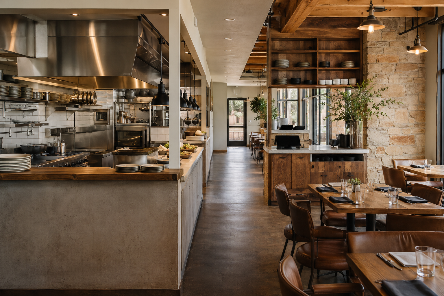 Open kitchen restaurant interior in Colorado for a restaurant insurance article about owner-operated restaurants
