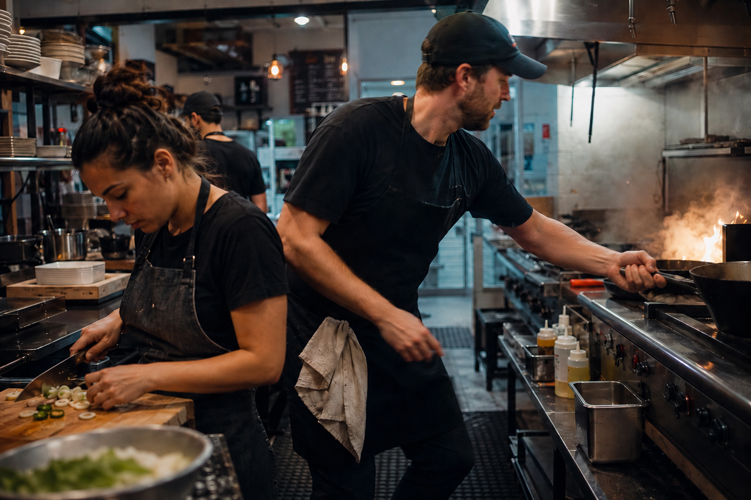 Busy Colorado restaurant kitchen during active food prep and hot line service for a workers comp insurance article