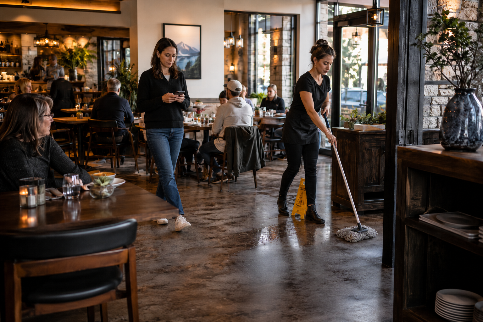 Customer walking near wet restaurant floor while staff mops in a Colorado dining room