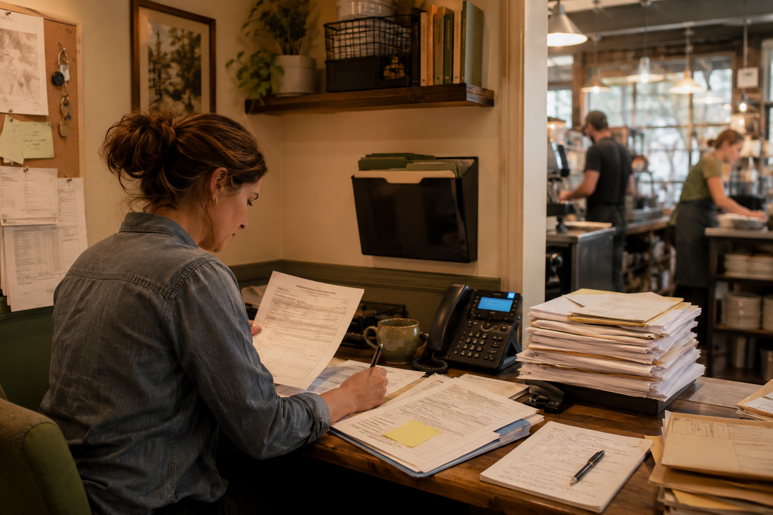 Restaurant owner reviewing insurance paperwork while managing a busy Colorado breakfast restaurant during service.
