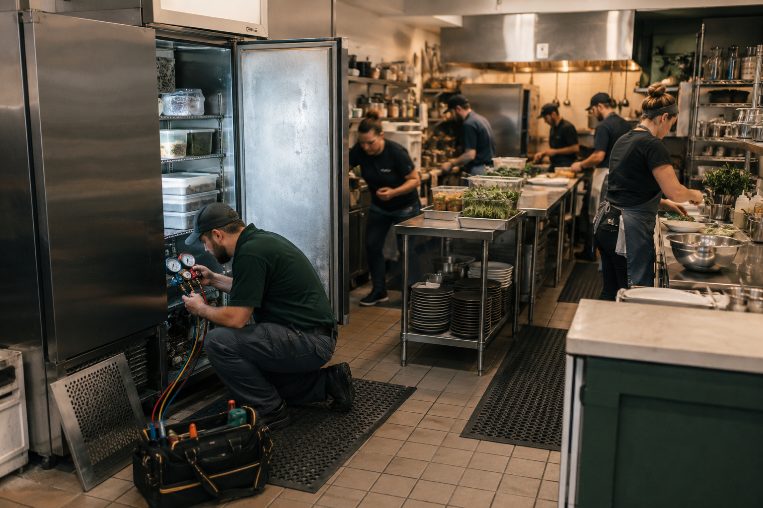 Refrigeration technician repairing a commercial walk-in cooler while restaurant staff continue food preparation during service.