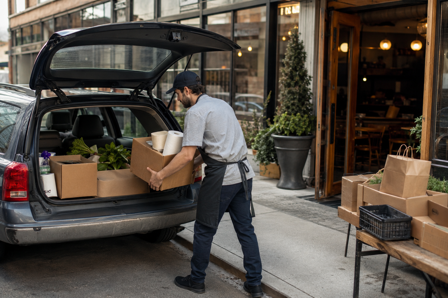 Restaurant employee loading supplies into a personal car for a business errand.