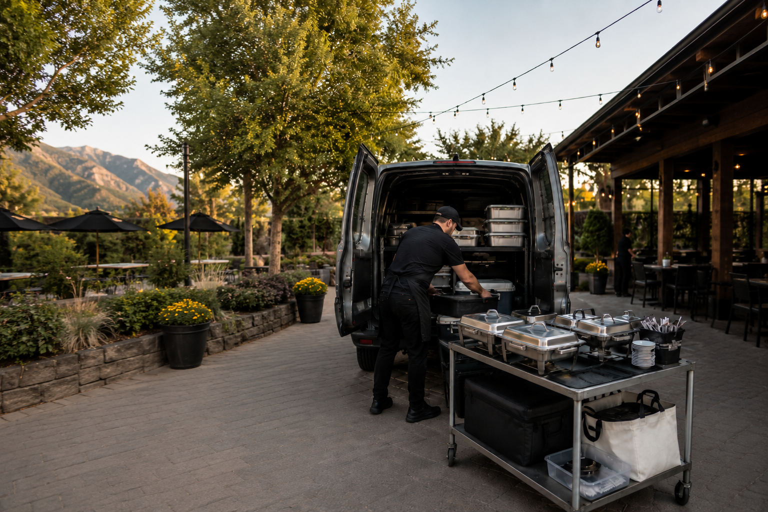 Restaurant catering team loading trays and equipment into a van for an event delivery.
