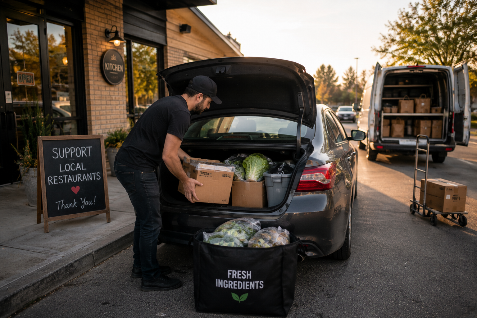 Restaurant employee loading catering supplies into a personal SUV outside a local restaurant.