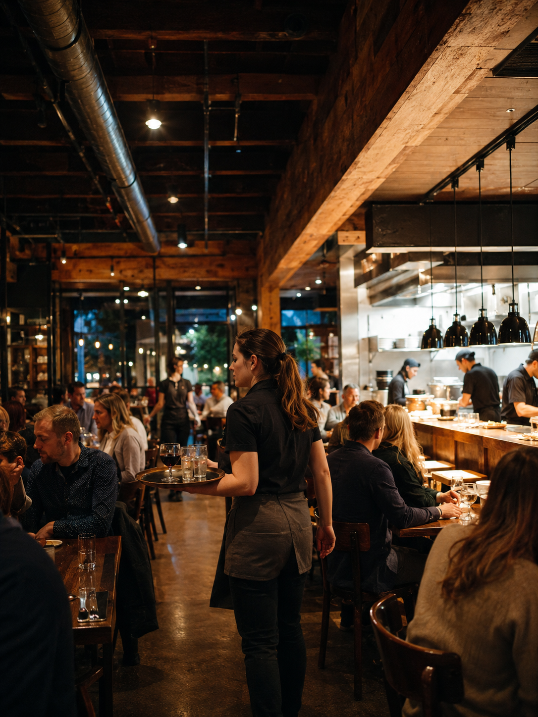 Server carrying drinks through a busy full-service restaurant during evening dinner service.