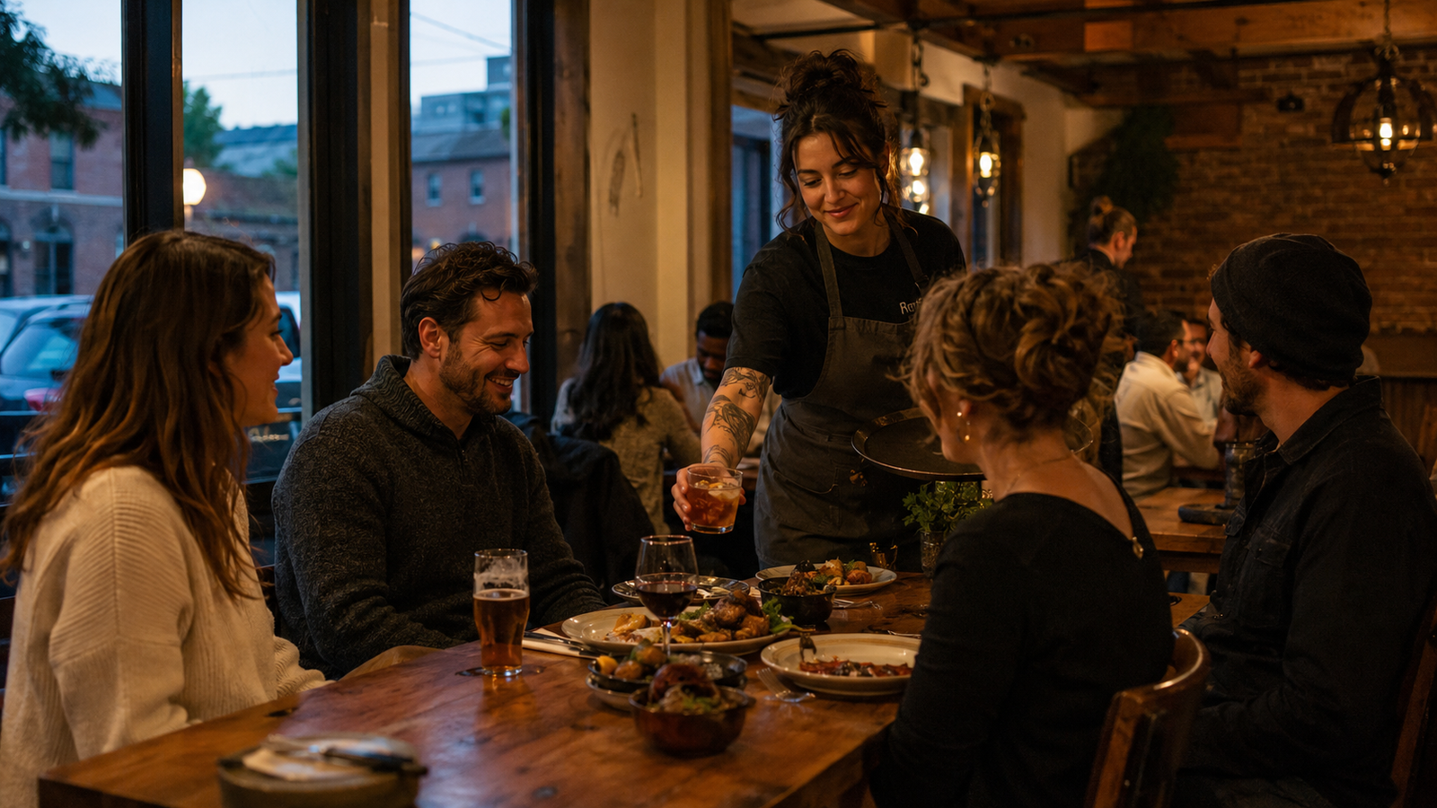 Server delivering drinks with dinner at a full-service restaurant.