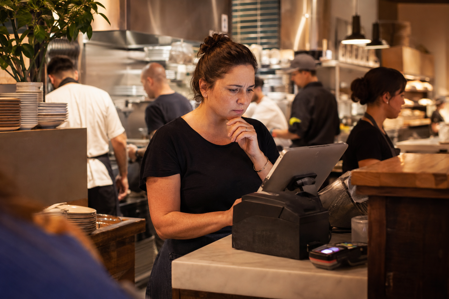 Restaurant manager reviewing a POS system issue during active dinner service.