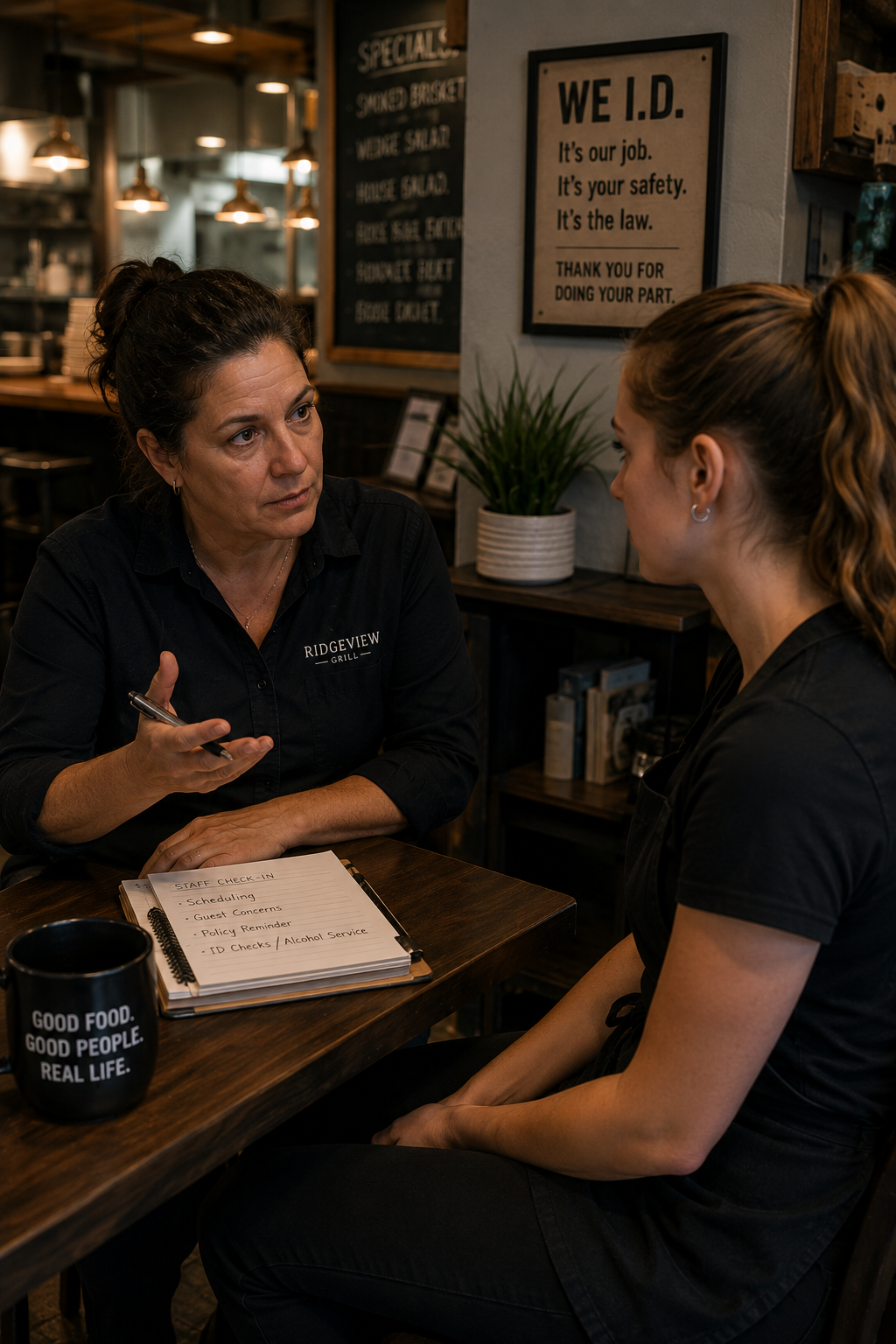 Restaurant manager discussing alcohol service policy with an employee during a staff check-in.