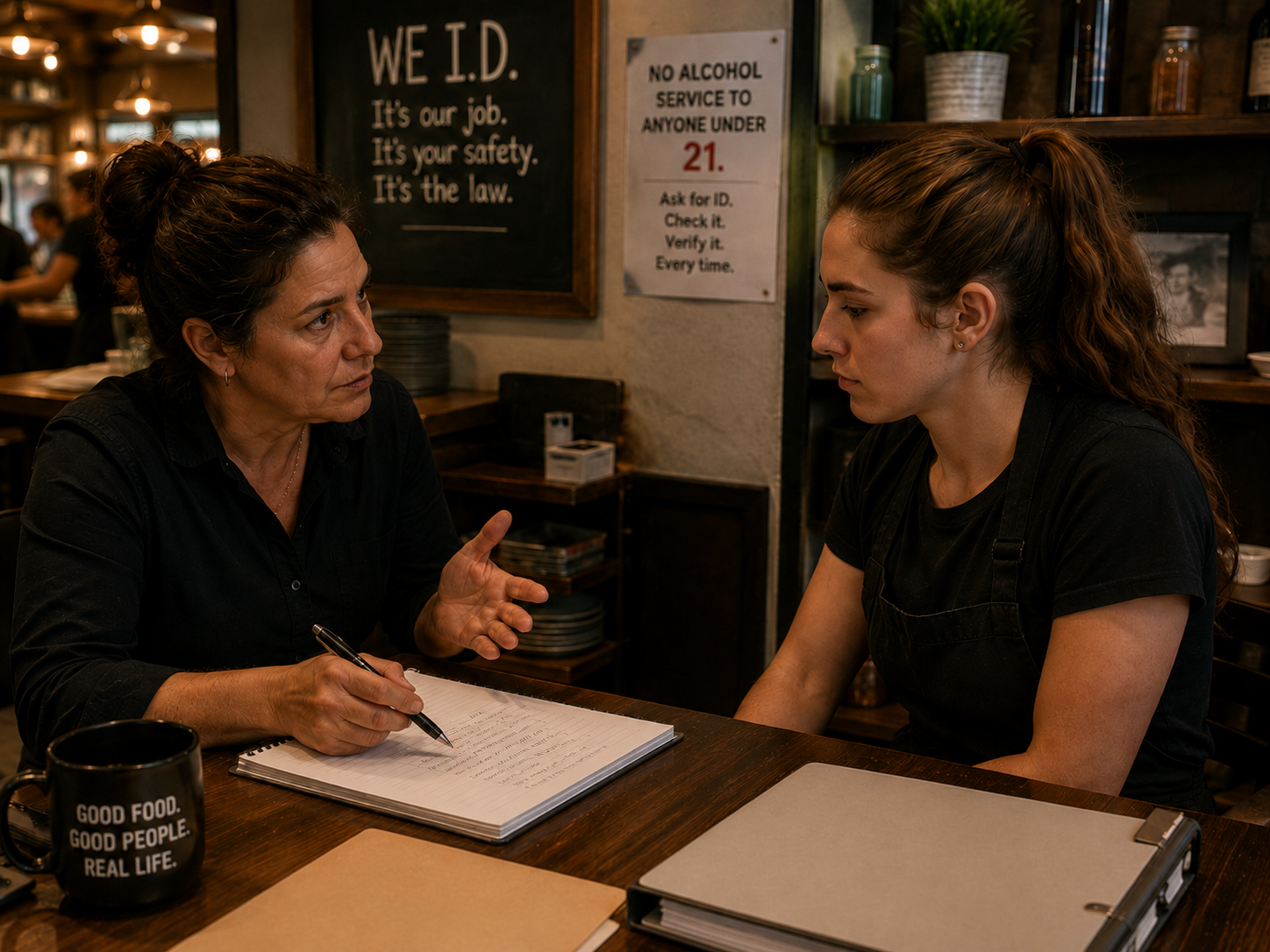 Restaurant manager having a calm staff conversation with an employee about workplace procedures.