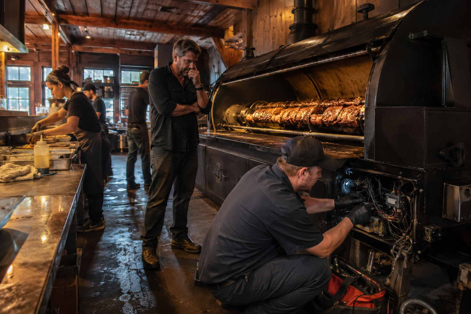 Technician repairing a large commercial smoker while a restaurant owner watches during service.