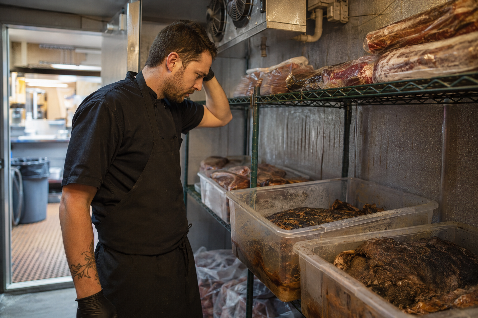 Line cook discovering spoiled meat in a walk-in cooler after a refrigeration issue.