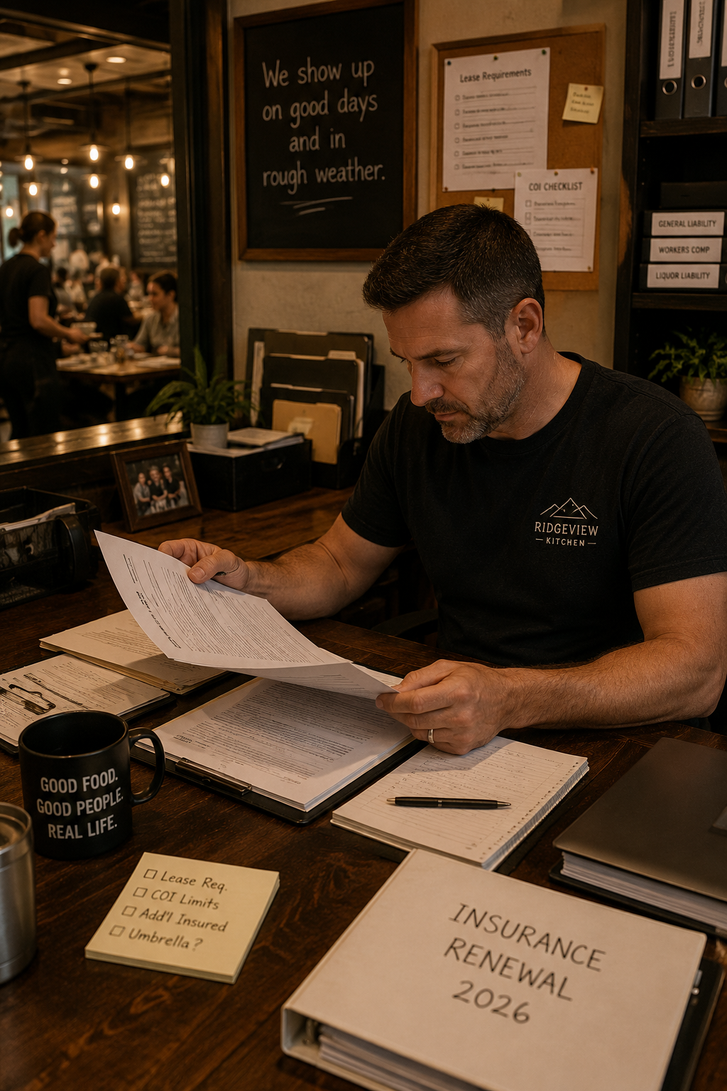 Restaurant owner reviewing lease and insurance paperwork in a small restaurant office.
