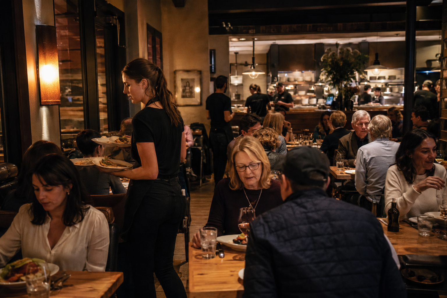 Busy restaurant dinner service with servers moving through a full dining room.