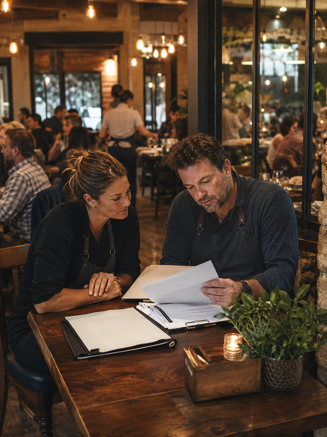 Restaurant managers reviewing coverage paperwork during evening service.